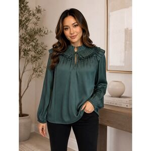 Current Air Los Angeles Sage Green Ruffle Neck Tie Blouse Women's Small NWT
